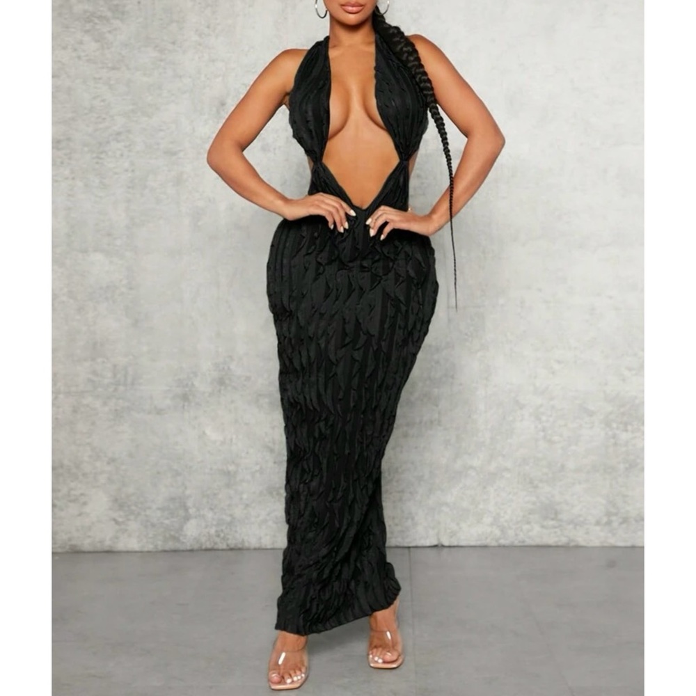 Backless Halter Plunging Neck Dress